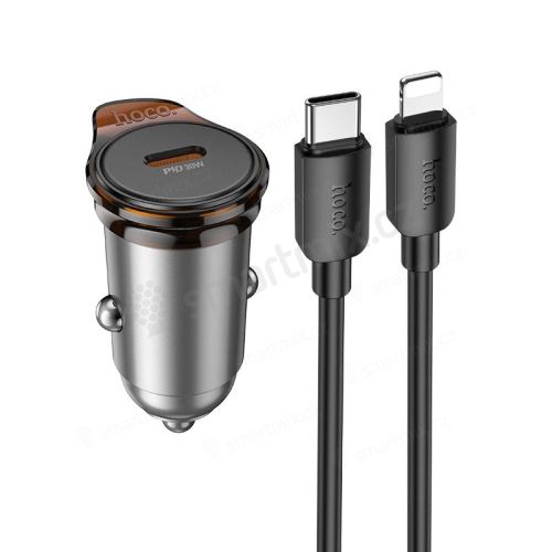 HOCO nabíječka do auta typ C + kabel typ C na Lightning PD QC 30W NZ16 kovově šedá