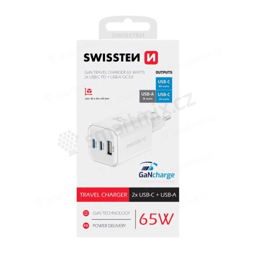 65W EU adaptér / nabíječka SWISSTEN GaN - mini provedení - 2x USB-C + USB-A