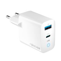 65W EU napájecí adaptér / nabíječka FOREVER - USB-A + USB-C pro Apple iPhone / iPad - bílý 65W EU napájecí adaptér / nabíječka FOREVER - USB-A + USB-C pro Apple iPhone / iPad - bílý