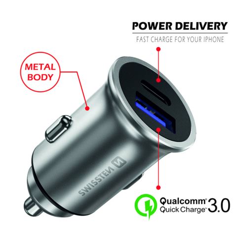 Autonabíječka / adaptér SWISSTEN - USB-A + USB-C - 36W - kovová