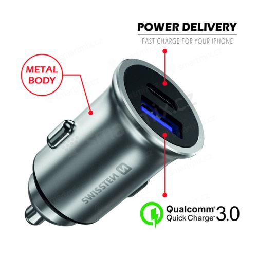 Autonabíječka / adaptér SWISSTEN - USB-A + USB-C - 36W - kovová