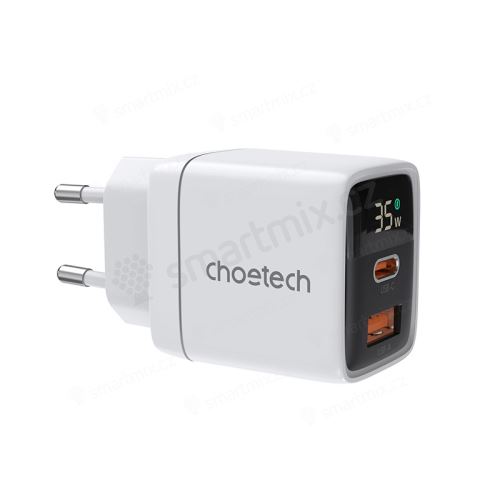 35W EU adaptér / nabíječka CHOETECH - USB-C + USB-A - GaN + LCD displej