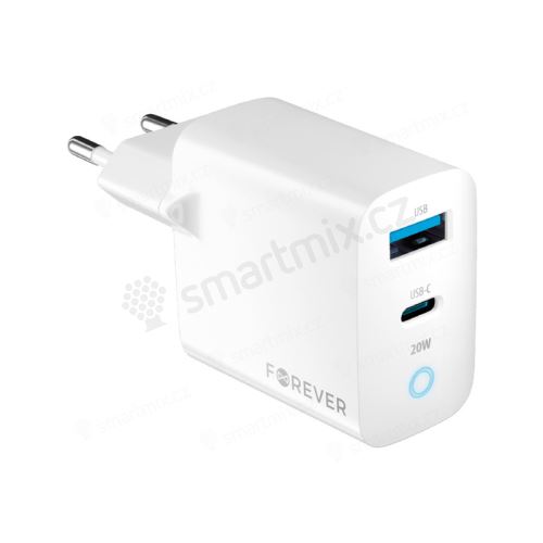 20W EU napájecí adaptér / nabíječka FOREVER - USB-A + USB-C pro Apple iPhone / iPad - bílý
