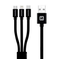 Kabel SWISSTEN Textile 3v1 - USB-A / USB-C + Lightning + Micro USB - Mfi - 1,2m - černý Kabel SWISSTEN Textile 3v1 - USB-A / USB-C + Lightning + Micro USB - Mfi - 1,2m - černý