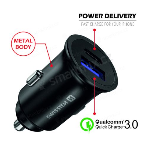 Autonabíječka / adaptér SWISSTEN - USB-A + USB-C - 36W - kovová