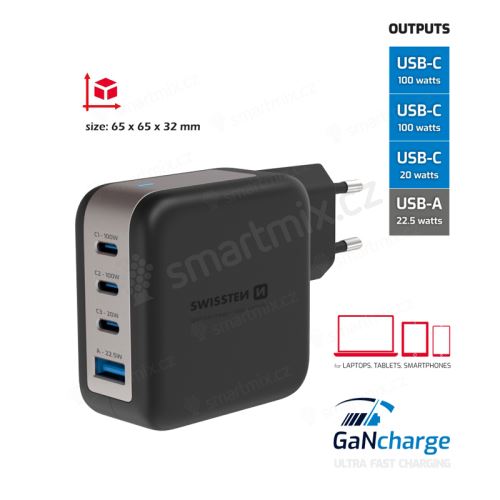100W EU adaptér / nabíječka SWISSTEN GaN - 3x USB-C + USB-A - černý
