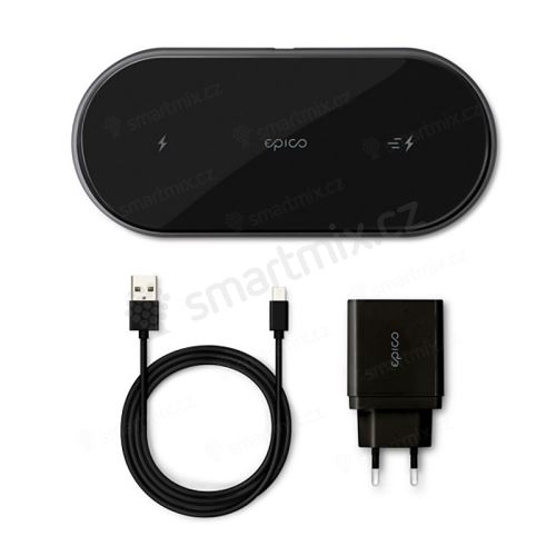2v1 bezdrátová nabíječka / podložka Qi EPICO pro Apple iPhone / AirPods + adaptér USB-C - ultratenká - černá