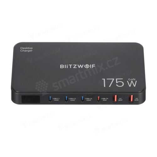 Nabíječka BLITZWOLF 6 portů 175W - 4x USB-C + 2x USB-A  - vstup C8 - kabel 1m - černá