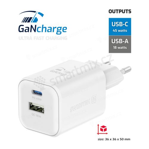 45W EU adaptér / nabíječka SWISSTEN GaN - mini provedení - USB-C + USB-A