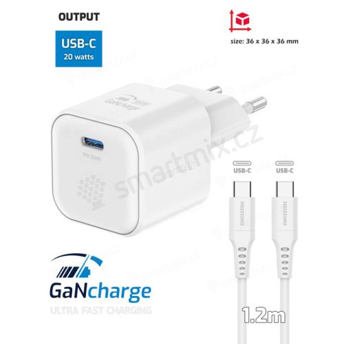 Nabíjecí sada SWISSTEN GaN pro Apple - 20W EU adaptér USB-C + kabel USB-C 1,2m