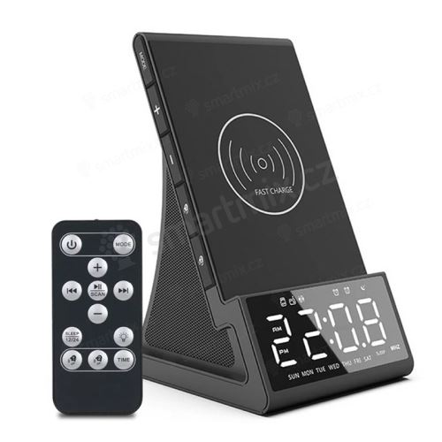 Bluetooth reproduktor / bezdrátová nabíječka Qi + hodiny / radio budík - USB-A / Micro SD vstup - černý