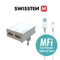 2v1 nabíjecí sada SWISSTEN pro Apple zařízení - EU adaptér (2x USB) a kabel MFi Lightning 1,2m - bílá