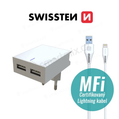2v1 nabíjecí sada SWISSTEN pro Apple zařízení - EU adaptér (2x USB) a kabel MFi Lightning 1,2m