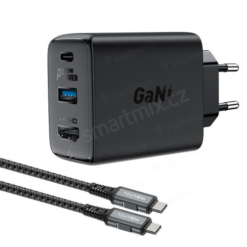 65W EU adaptér / dokovací stanice ACEFAST - USB-C PD / USB-A / HDMI 4K@60Hz + USB-C kabel 1,8m - kovově šedý