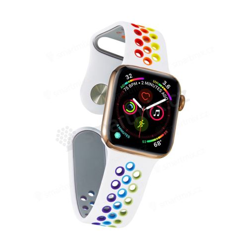 Řemínek pro Apple Watch 44mm Series 4 / 5 / 6 / SE / 42mm 1 / 2 / 3 - velikost S / M - silikonový - bílý / duhový
