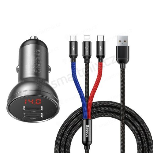 2v1 nabíjecí sada BASEUS pro Apple zařízení - autonabíječka 2x USB (4.8A 24W) + kabel 3v1