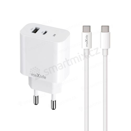 2v1 nabíjecí sada Maxlife 30W pro Apple zařízení - EU adaptér a kabel USB-C / USB-C - bílá