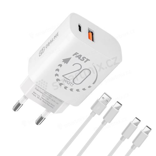 Nabíjecí sada OBAL:ME - EU adaptér USB-A + USB-C 20W + 2x kabel USB-C - 1m - bílá