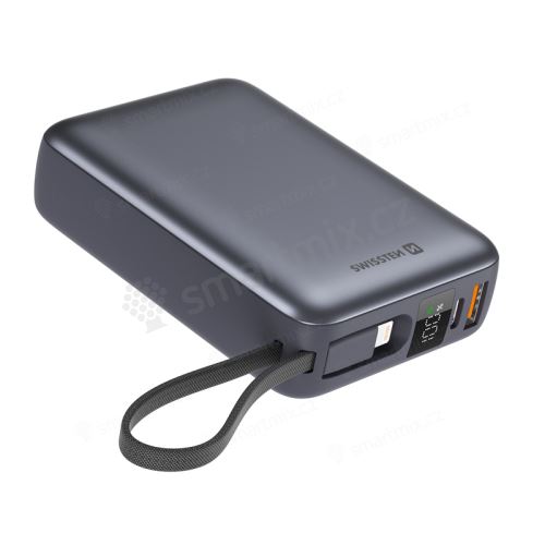 Extrení baterie SWISSTEN Powerbank - integrované kabely Lightning a USB-C - 10000 mAh - šedá