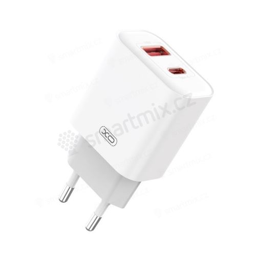 20W EU napájecí adaptér / nabíječka XO CE12 - USB-A + USB-C pro Apple iPhone / iPad - bílý
