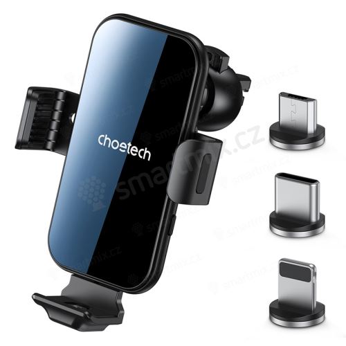 Držák do auta / Qi nabíječka CHOETECH pro Apple iPhone + USB-C / Lightning - el. uchycení - černý