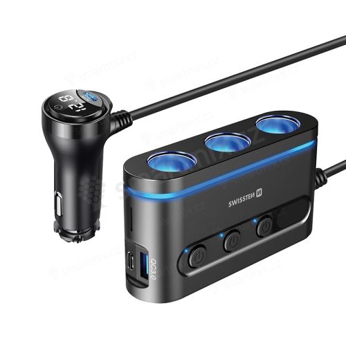 Autonabíječka / adaptér SWISSTEN - 2x USB-C 30W + USB-A + 3x autozapalovač - černá