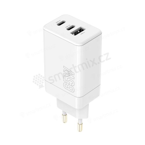 65W EU napájecí adaptér / nabíječka MAXLIFE - USB-A + 2x USB-C pro Apple iPhone / iPad / Mac - bílý