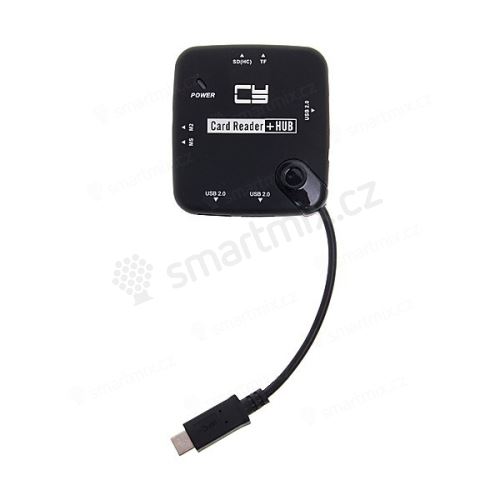 2v1 čtečka paměťových karet TF / SD (HC) / MS / M2 + USB HUB - rozbočovač 3x USB na USB-C - černá