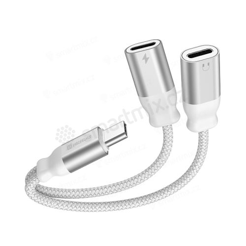 Přepojka / adaptér SWISSTEN - USB-C / USB-C AUDIO / USB-C nabíjení - 12cm - tkanička - stříbrný