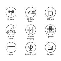Bluetooth reproduktor / bezdrátová nabíječka Qi + hodiny / radio budík - USB-A / Micro SD vstup - černý (3)