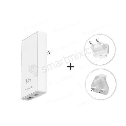 Nabíječka SWISSTEN cestovní GaN USB-C + USB-A 45W - EU + UK + US koncovka - bílá