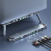 Dok / hub + stojánek pro Apple MacBook - USB-C na USB-A + USB-C + HDMI + SD + 3,5mm - šedý (2)