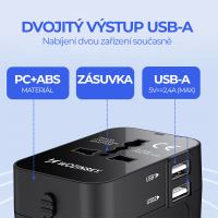 Cestovní adaptér WOZINSKY - EU / US / AUS / UK + 2x USB-A - 24W - černý (10)