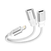 Přepojka / adaptér SWISSTEN - Lightning / Lightning AUDIO / Lightning nabíjení - 12cm - tkanička - stříbrný