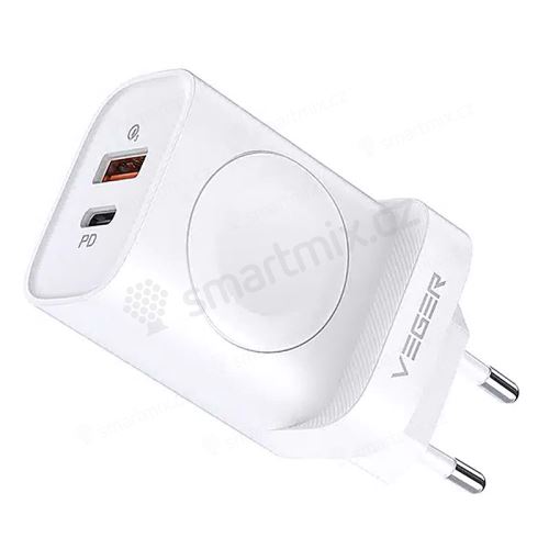 20W EU adaptér VEGER - USB-A + USB-C Power Delivery + 2,5W Watch Qi - bílý